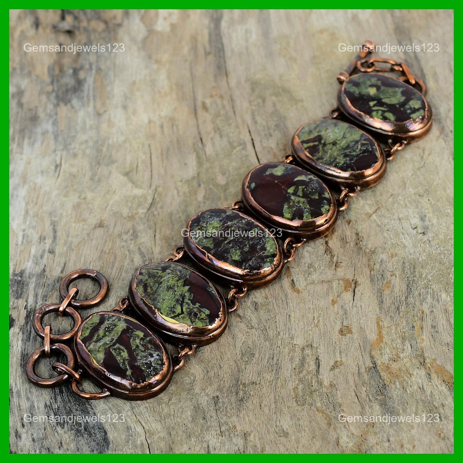 Copper Oval Natural Dragon Bloodstone Bezel Chain Electroformed Bracelet Jewelry