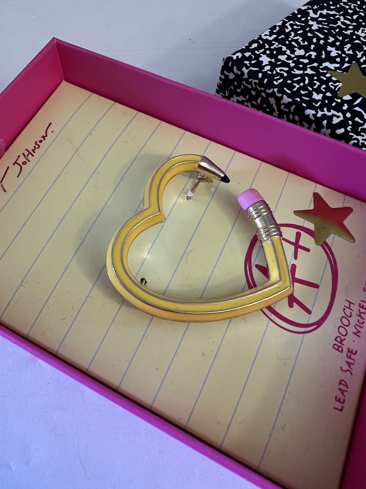 Betsey Johnson Brooch Heart Pencil Yellow With Star Accent NWT With Box