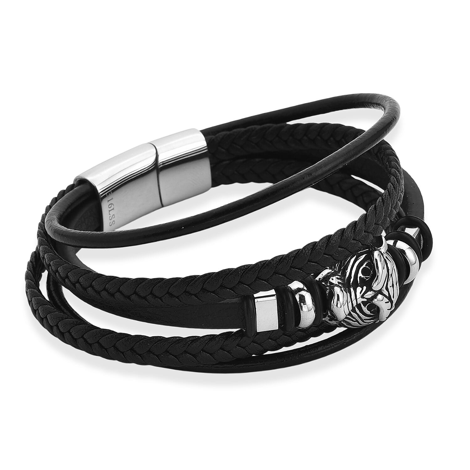 Braided Microfiber Leather Tiger Head Bracelet in Stainless Steel 8.00 In