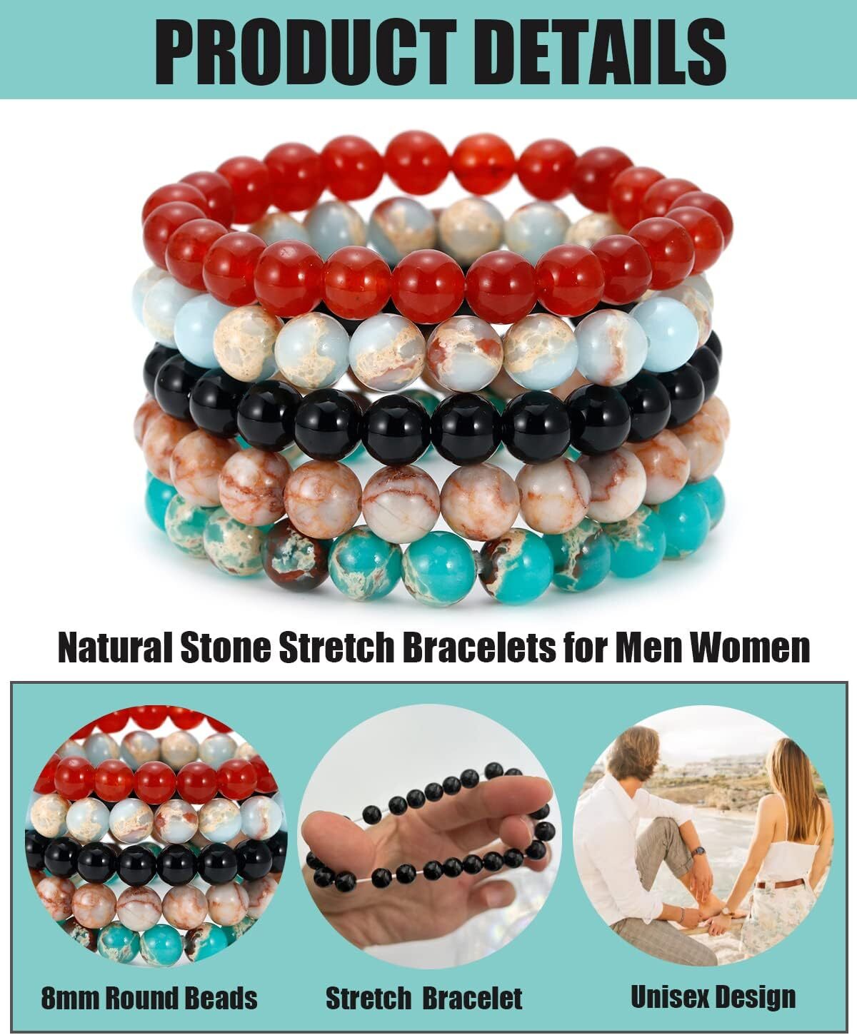Semi-Precious Gem Bracelet Round Beaded Stretch Bracelets Stress Relief Bangle