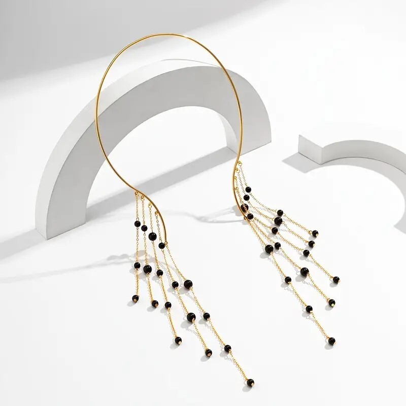 Elegant Black Pearl Drop Necklace, Open Choker Tassle Unique Jewelry, Date Night