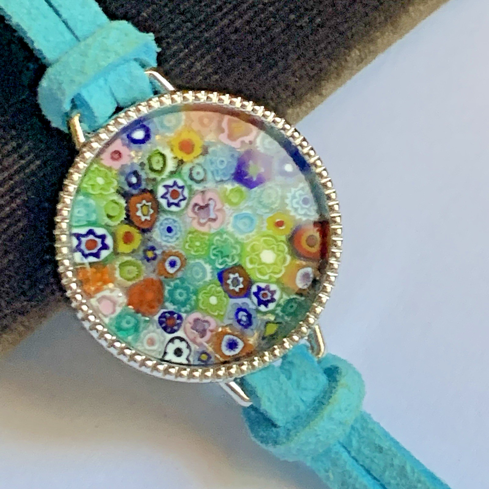 Murano Glass Millefiori Round Made in Italy 7-8 Inch on blue leather cord