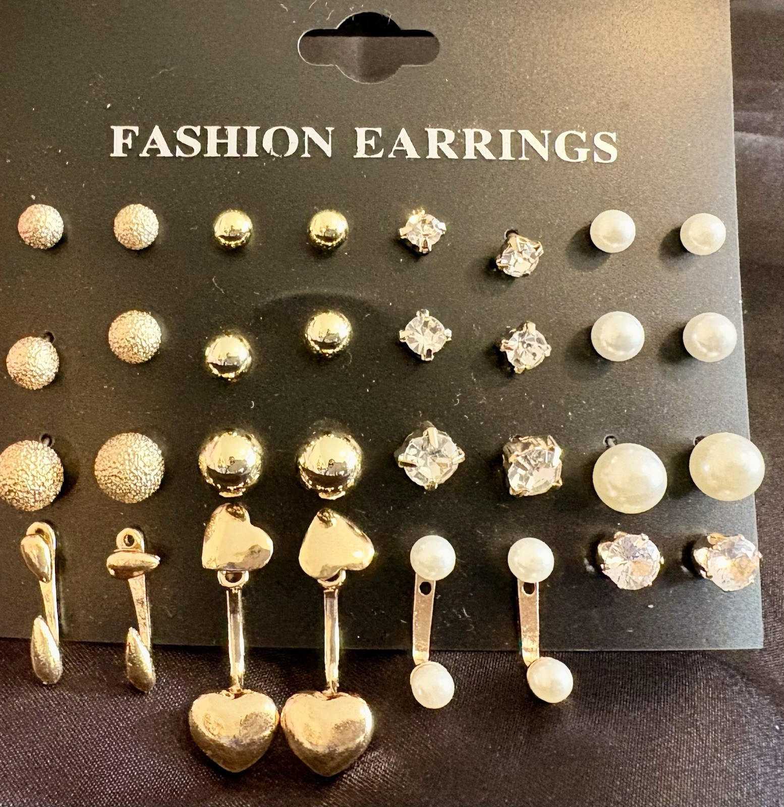 12 Pairs Gold Stud Earrings Set Multipack Pearl Rhinestone Heart Fashion Jewelry