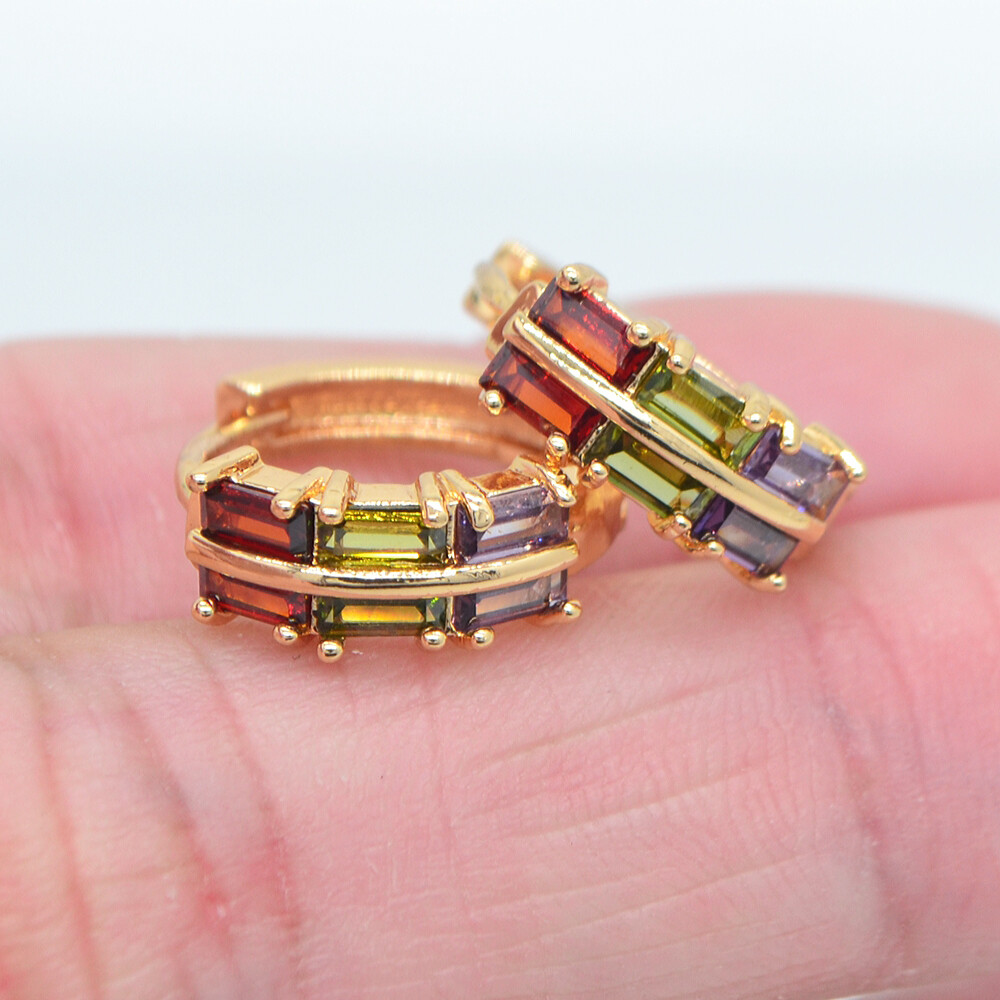 18K Yellow Gold Filled Fashion Multicolor Topaz Baguette Hoop Huggie Earrings