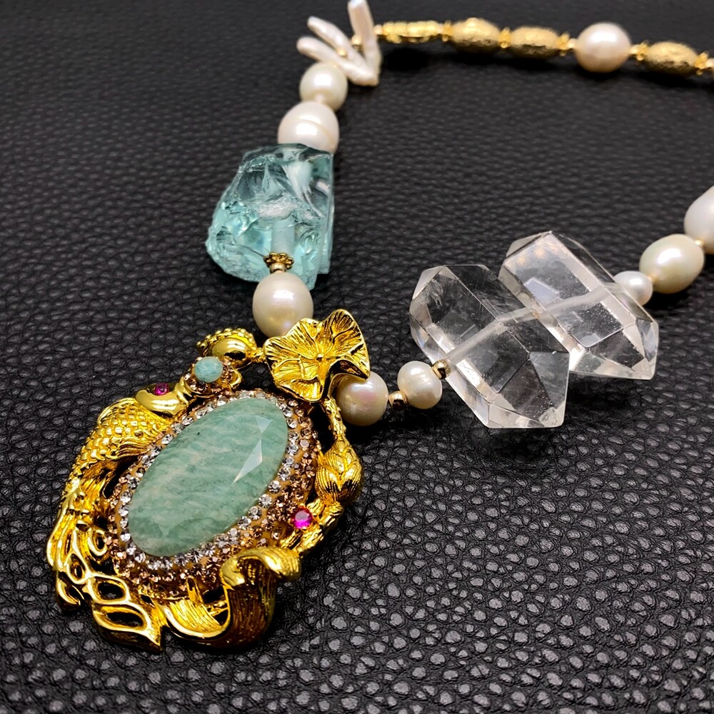 Cultured Pearl Quartz Double Point Necklace Green Amazonite Cz Pave Pendant