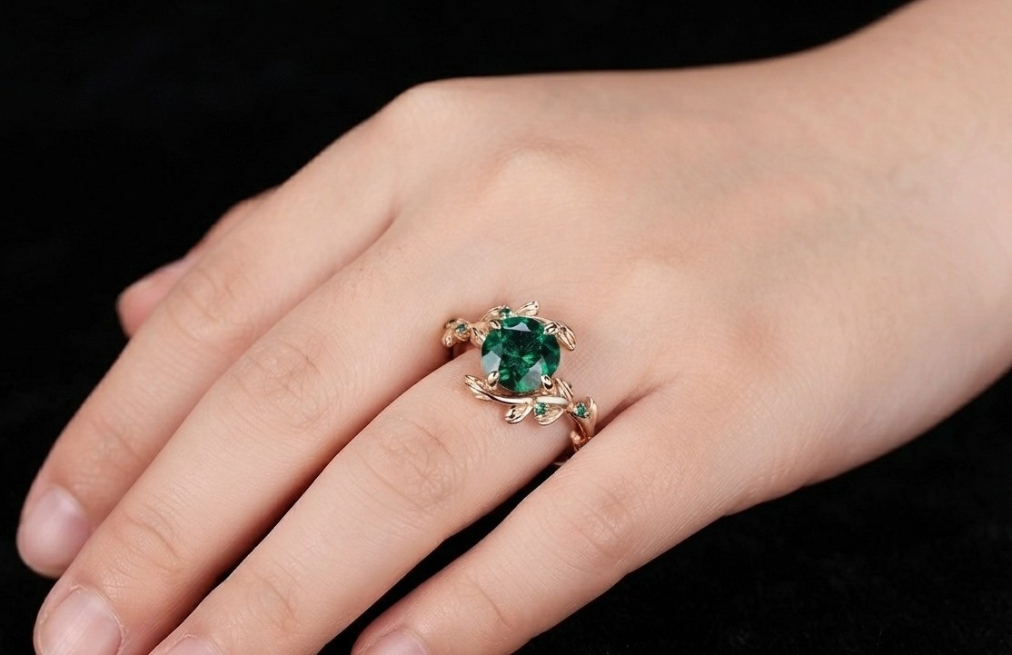 Emerald Leaf, Gold Plated Sterling Silver Vine Engagement,