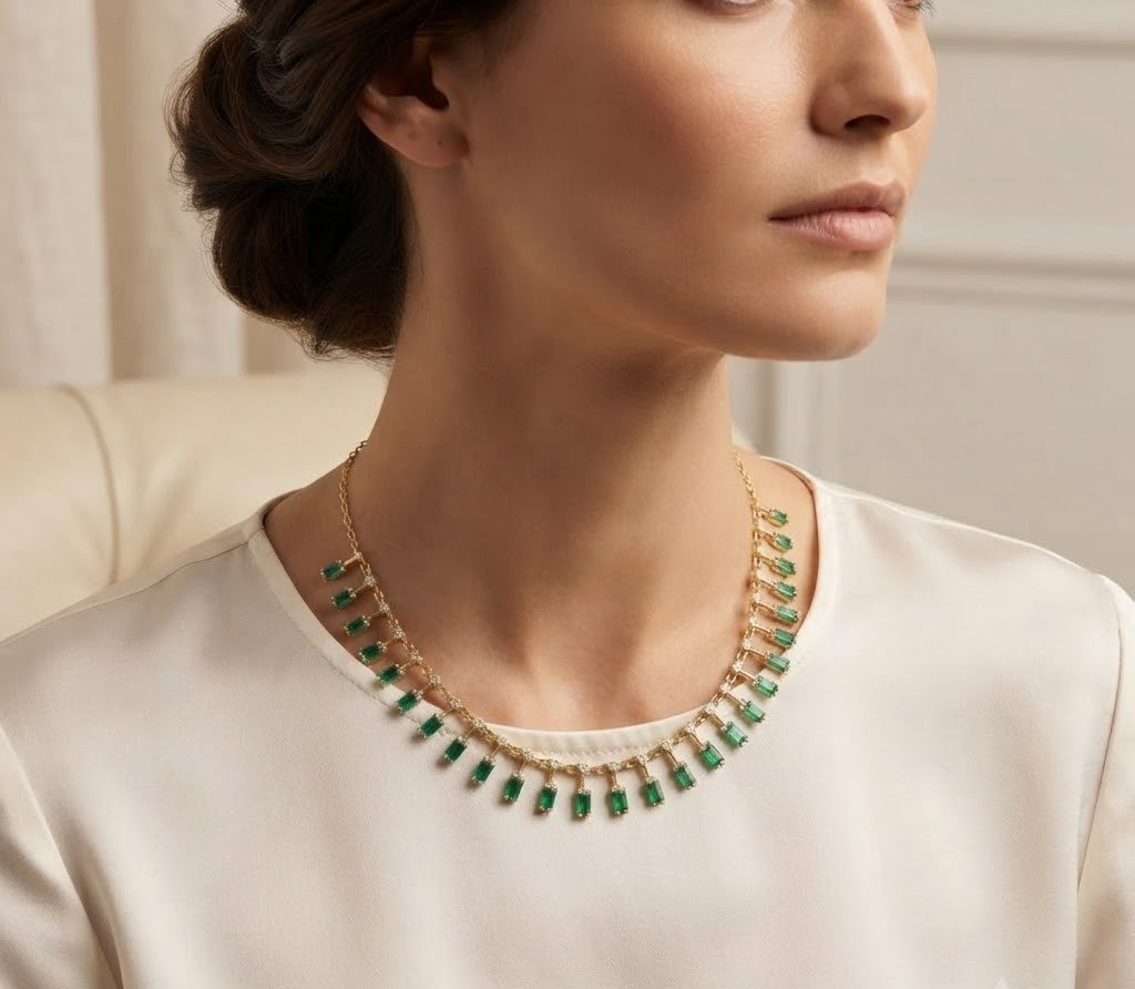 Gold Tone Emerald Green Baguette Crystal Statement Necklace 925 Sterling Silver