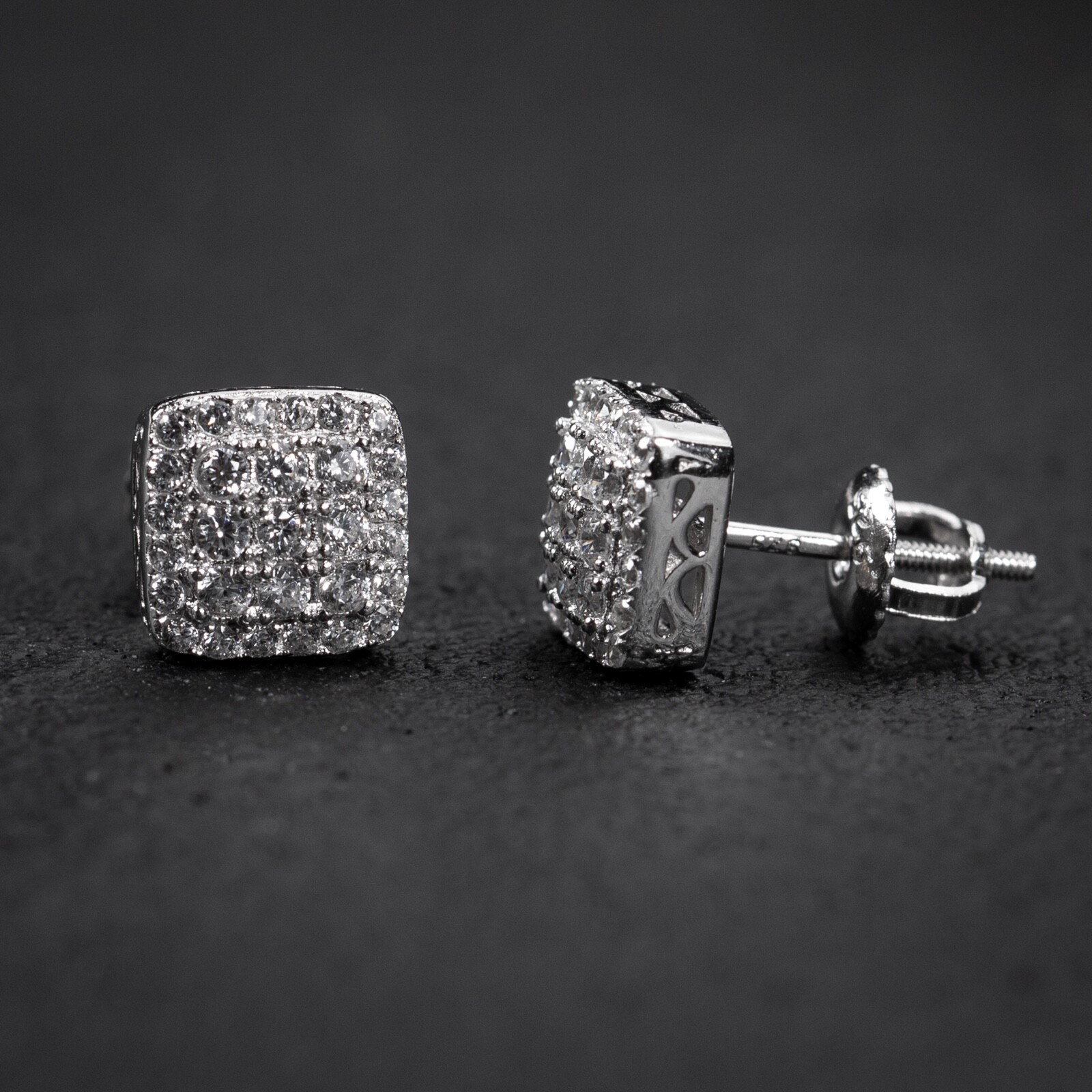 Men’s Small 925 Sterling Silver Iced Square Cube Shape Hip Hop Cz Stud Earrings