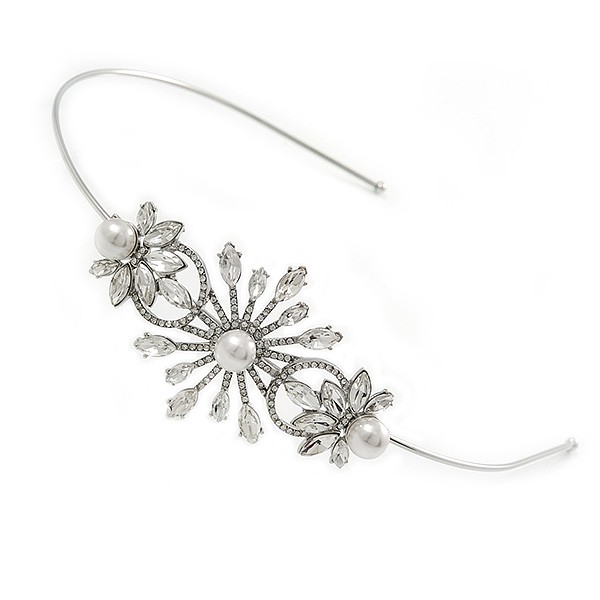Bridal/ Wedding/ Prom Rhodium Plated White Glass Pearl, Crystal Snowflake