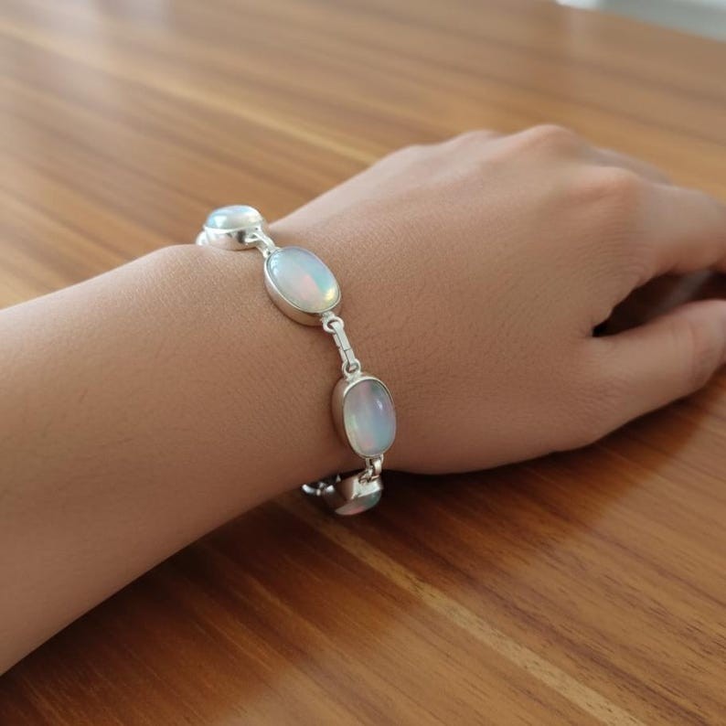 Rainbow Moonstone Link Bracelet for Women, Oval Cabochon Flashy Gemstones