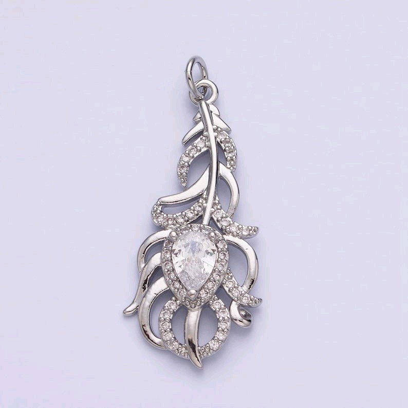 Silver Peacock Feather Teardrop Pendant – Clear Micro Pave CZ Charm for Jewelry