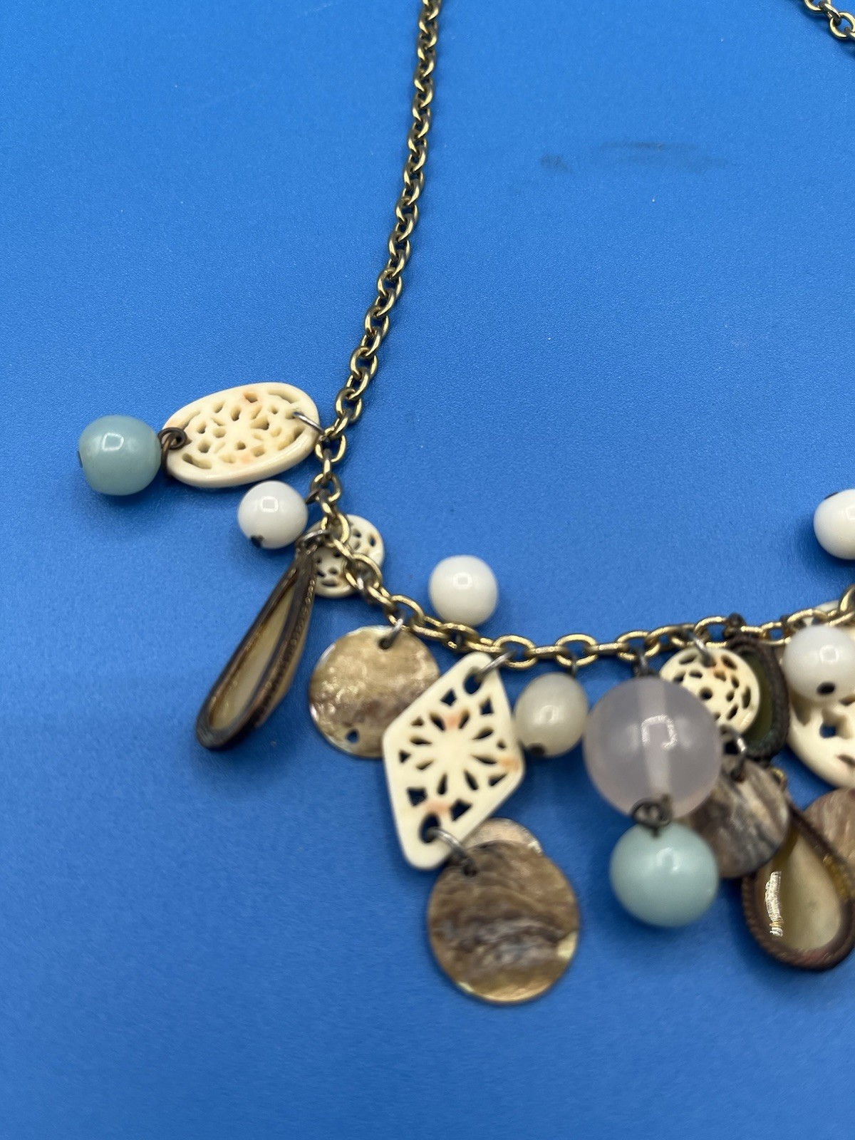 Gold Tone Curb Link Charm Necklace, Blue & White Acrylic Beads, 18 in