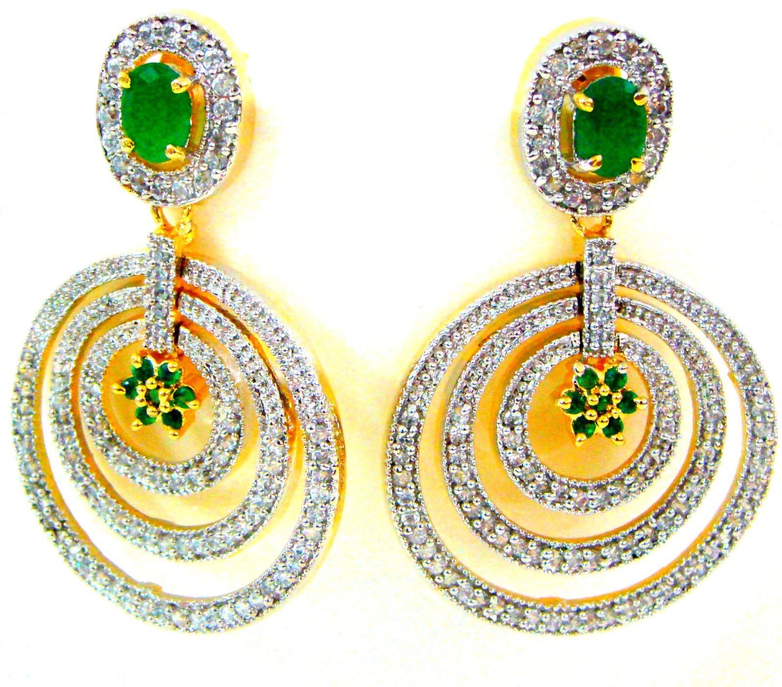 Green Cubic Zirconia CZ Cocktail Earrings Golden Brass American Diamond Dangle