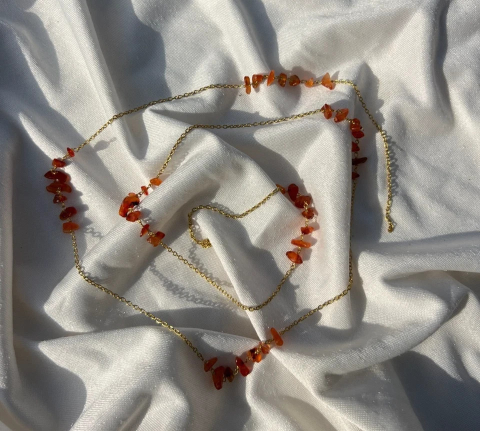 Natural Carnelian Chip Necklace Orange Gemstone Gold Chain Jewelry Gift