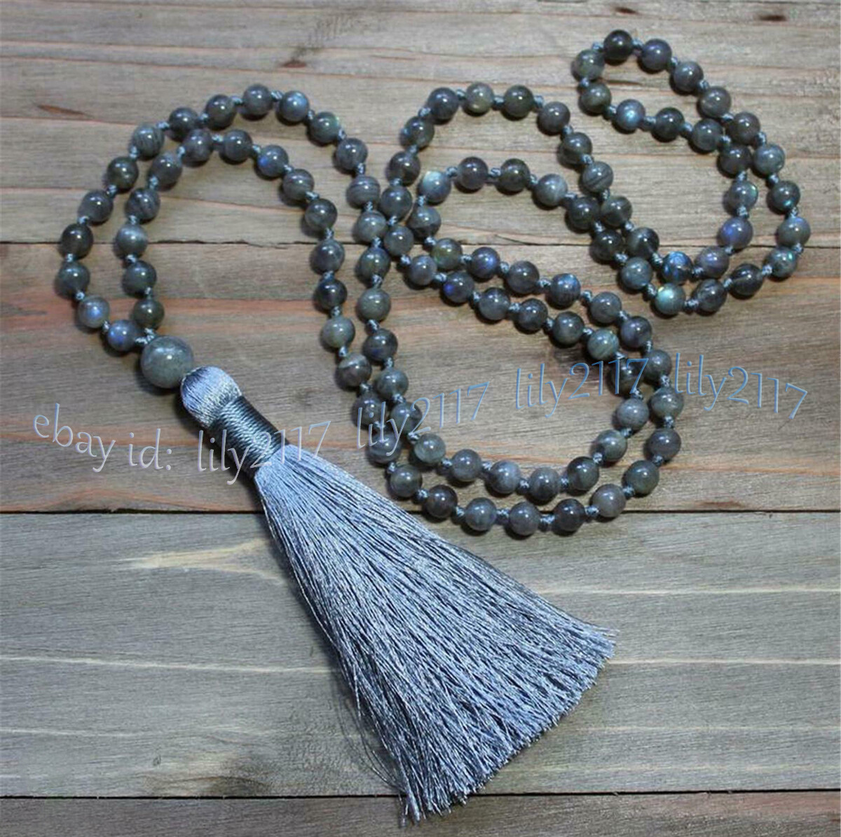 Gray Labradorite Gems Tibet Buddhist 108 Prayer Beads Mala Necklace Meditation