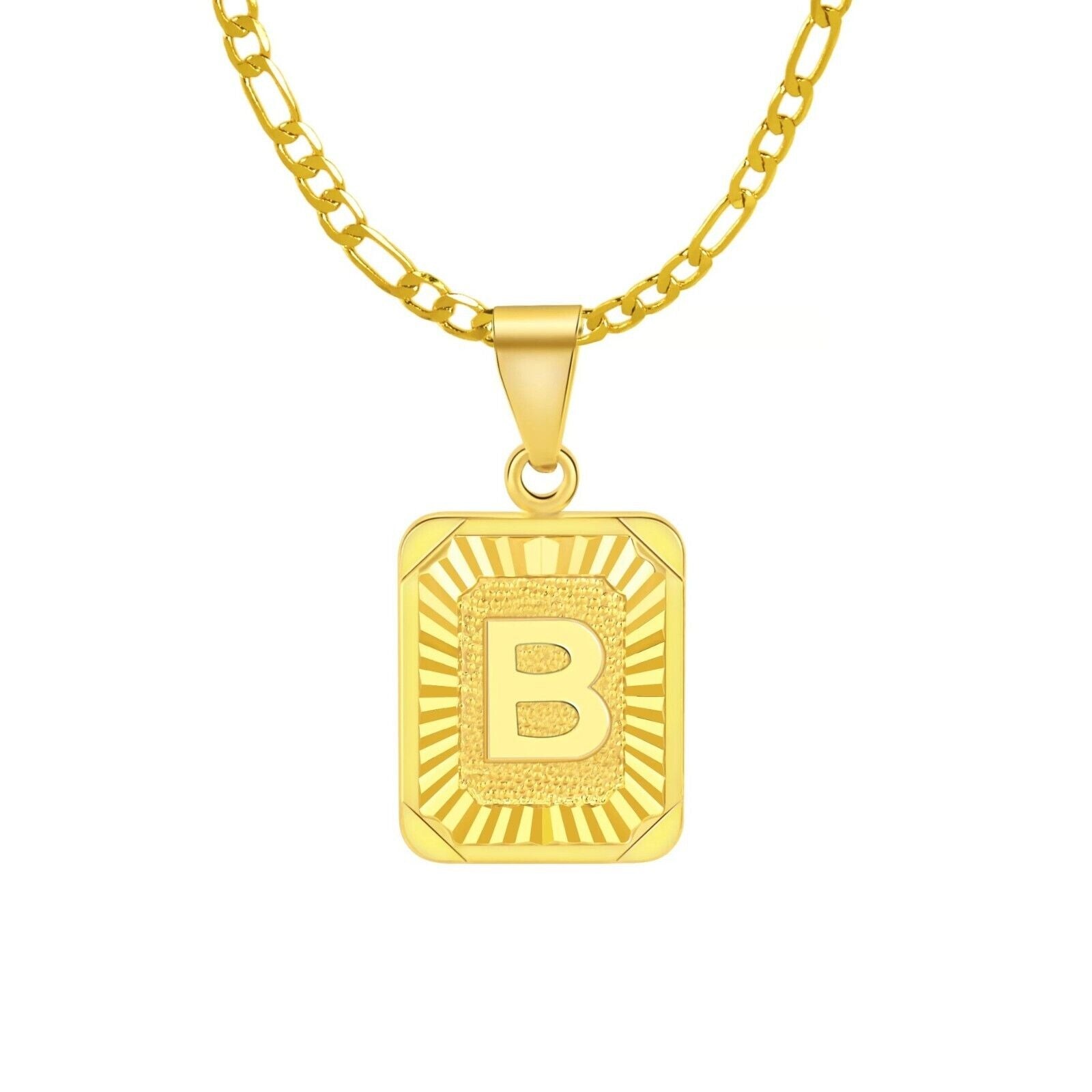 18″ Gold Plated Initial Letter Pendant Necklace Stainless Steel Figaro Chain New
