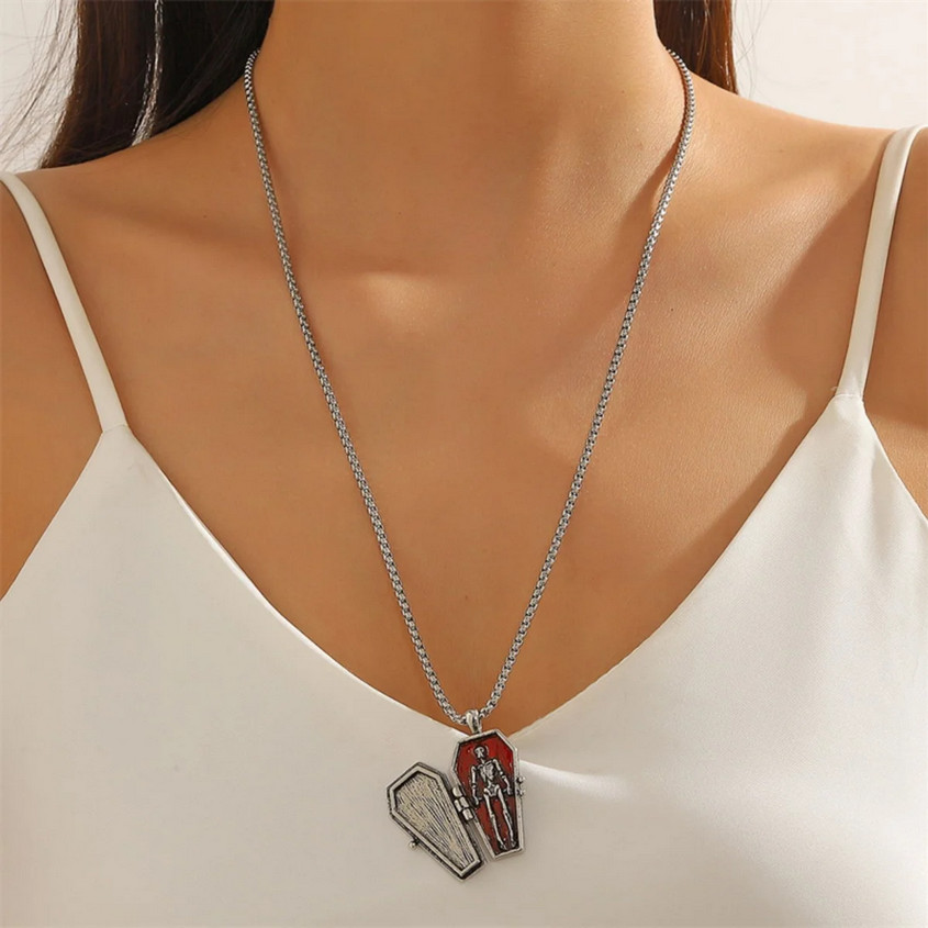 Creative Skeleton Cross Coffin Shaped Pendant + Stainless Steel Necklace
