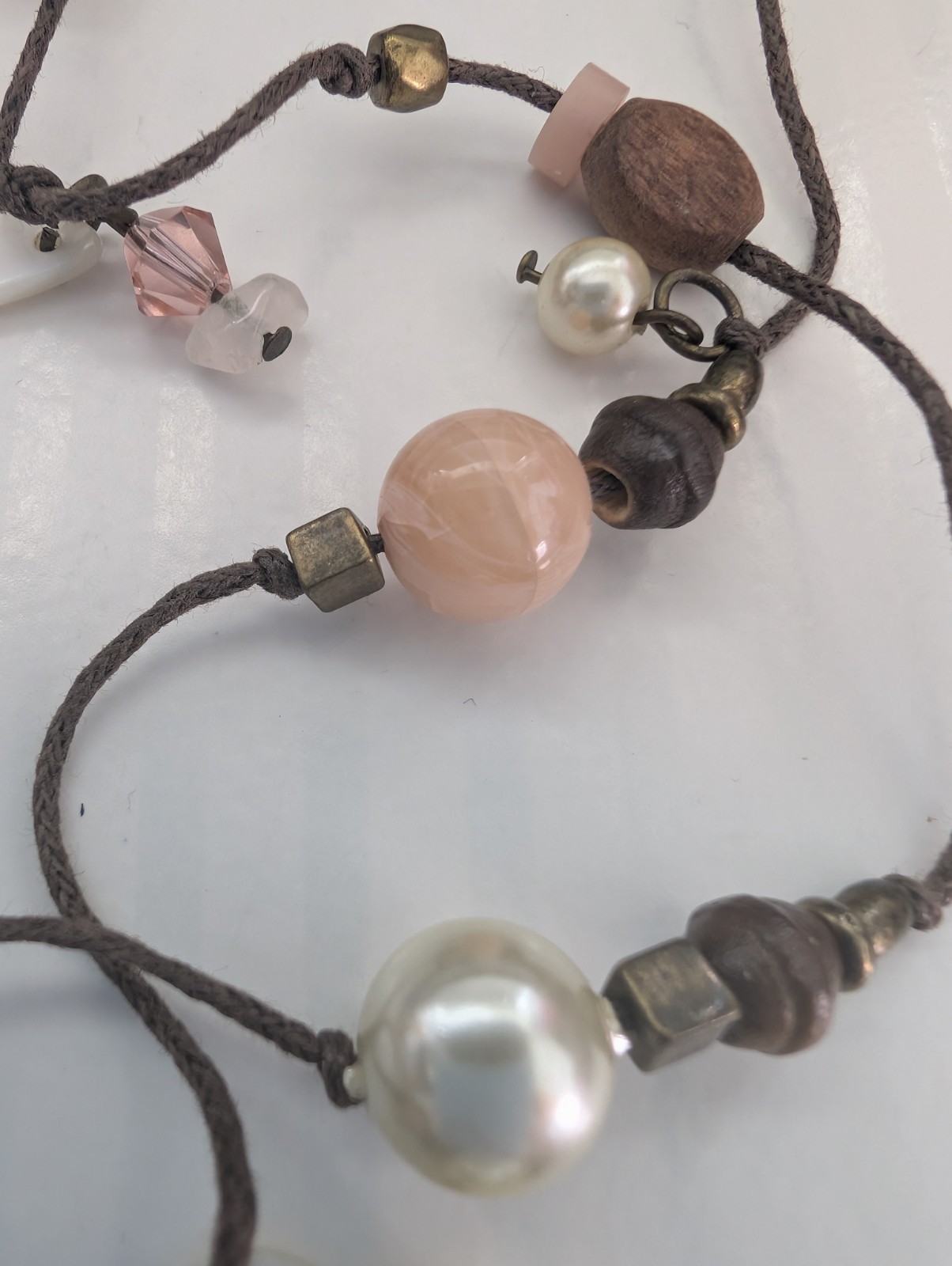 Next Signed Floral Heart Faux Crystal Pearl Wood Beaded Tassel Pendant Necklace
