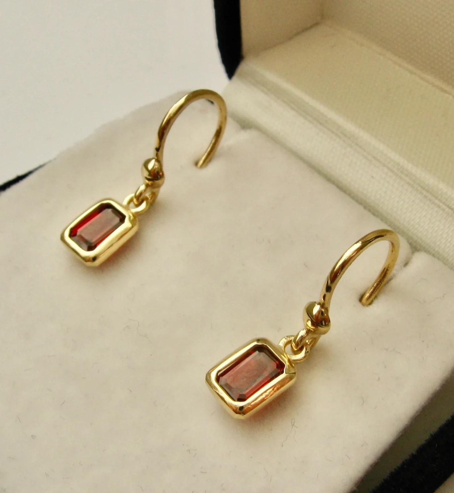 Emerald Cut Simulated Red Garnet Drop/Dangle Earrings In 14k Yellow Gold Plated