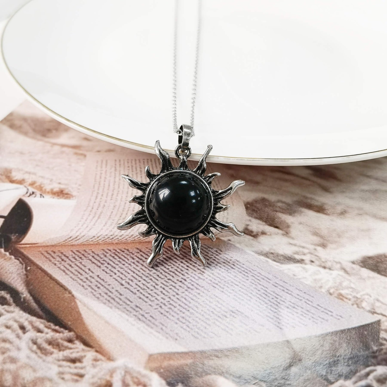 Obsidian Necklace, Natural Gemstone Sun Necklace for Women, Black Obsidian Ne…