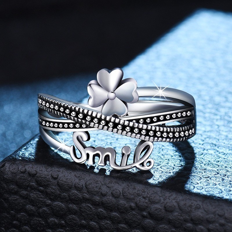 Women’s Fashion Four-leaf Clover Letter Ring Adjustable Opening Copper Ring