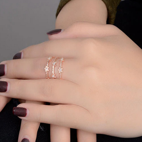 S925 Sterling Silver Or Rose Gold Multilayer Adjustable Ring Triple CZ Star Band