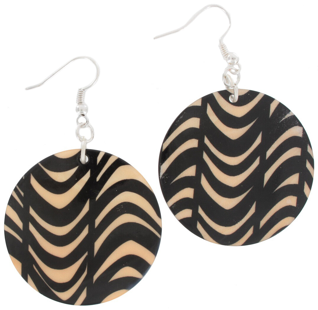 Black Orange Animal Print Round Shell Pierced Drop Dangle Earrings Tribal 2 1/2″