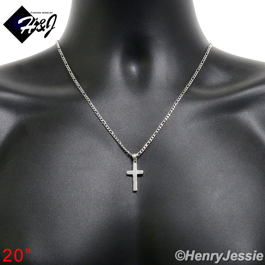 16-30″MEN Stainless Steel 2/3mm Silver Figaro Chain Necklace Cross Pendant*P67