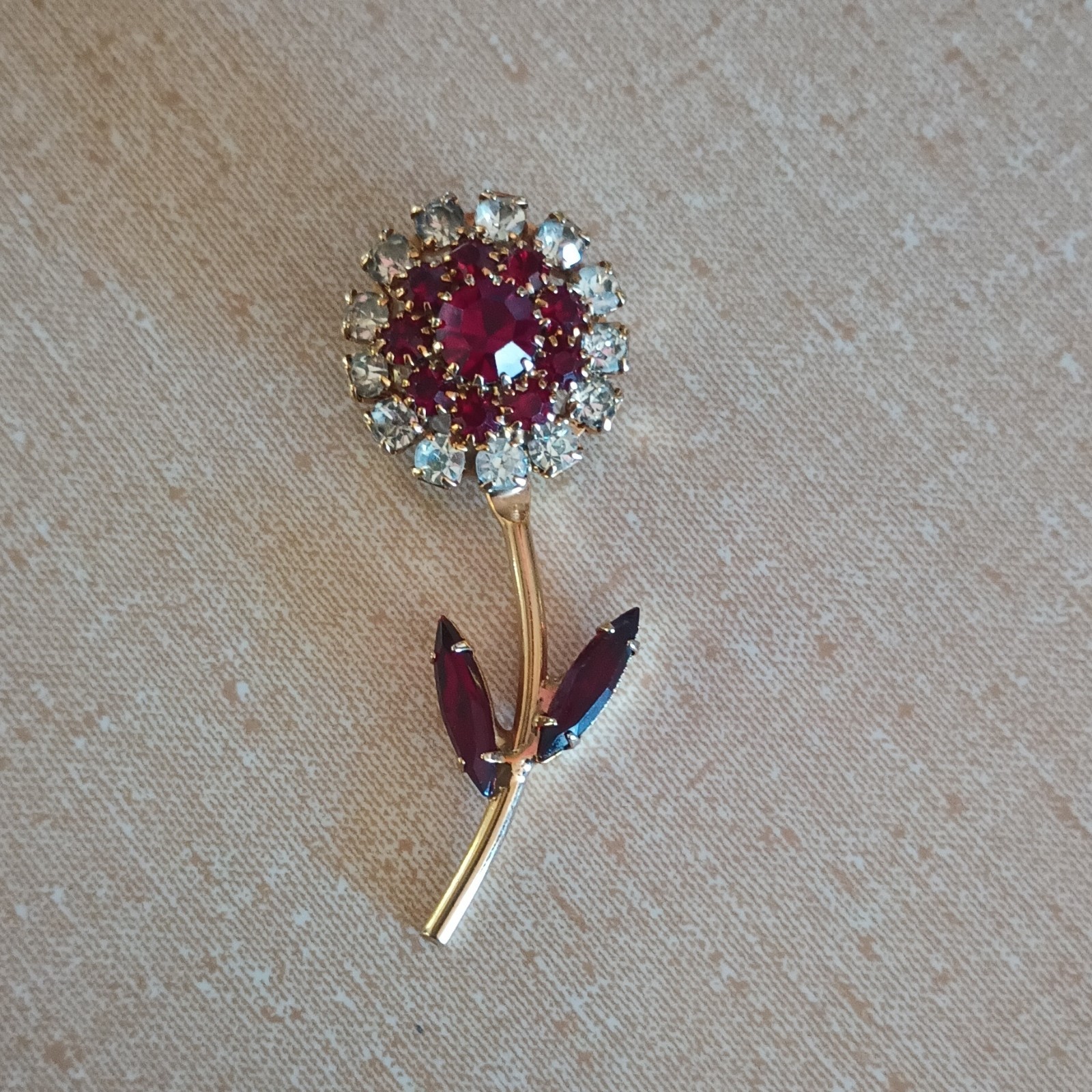 Vintage Gold Tone Flower Brooch Pin Red & Clear Round Rhinestones Prong Set