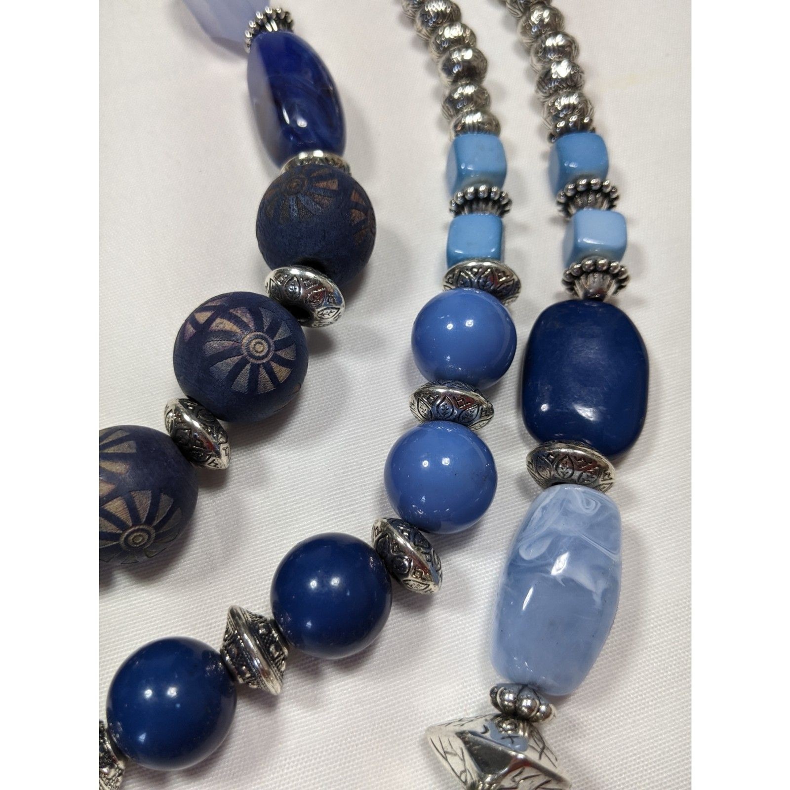 Chunky 3 Strand Necklace Festival Boho Statement Bib Blue Silver Beaded Western