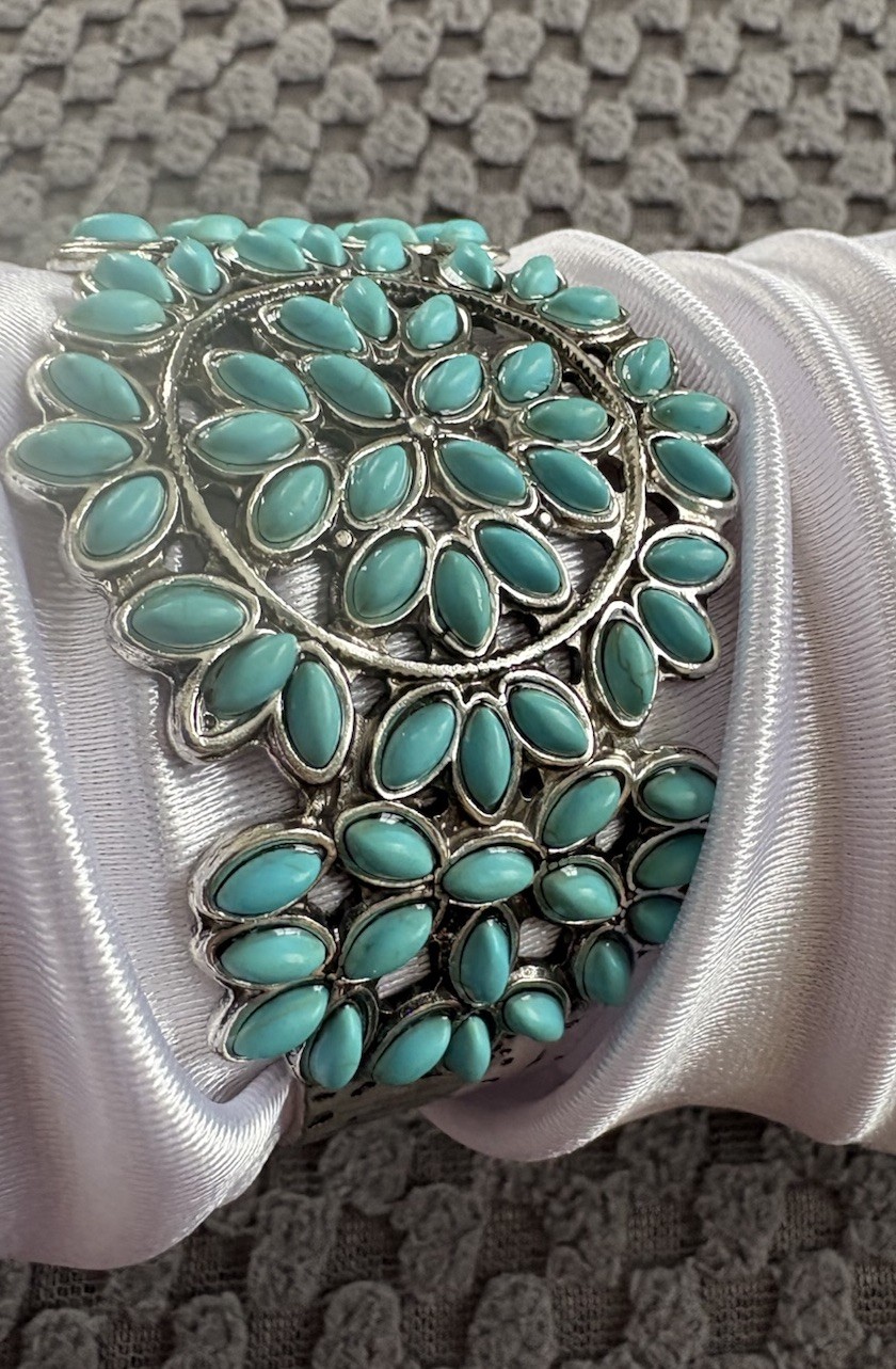 Turquoise Cuff Bracelet Western Boho Silvertone Jewelry Boho