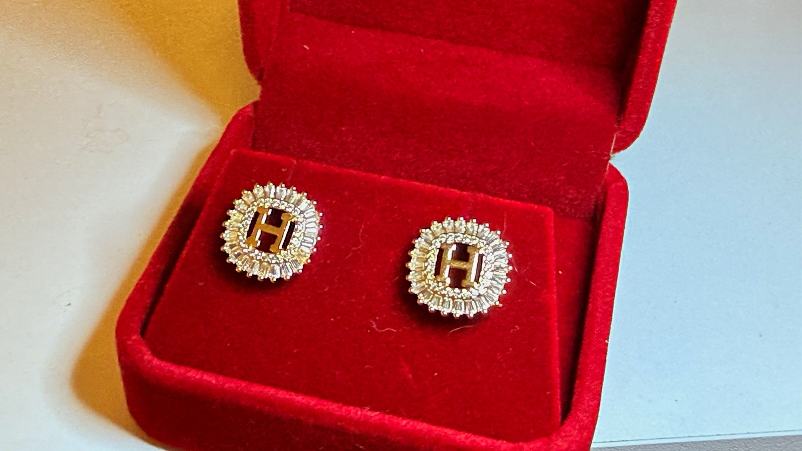 Designer inspired Gold Tone Round H Initial Zirconia Stud Earrings