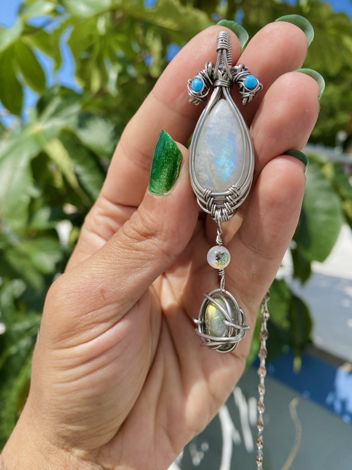 Handmade Wire Wrapped Moonstone & Labradorite Necklace Steel Wire & Chain