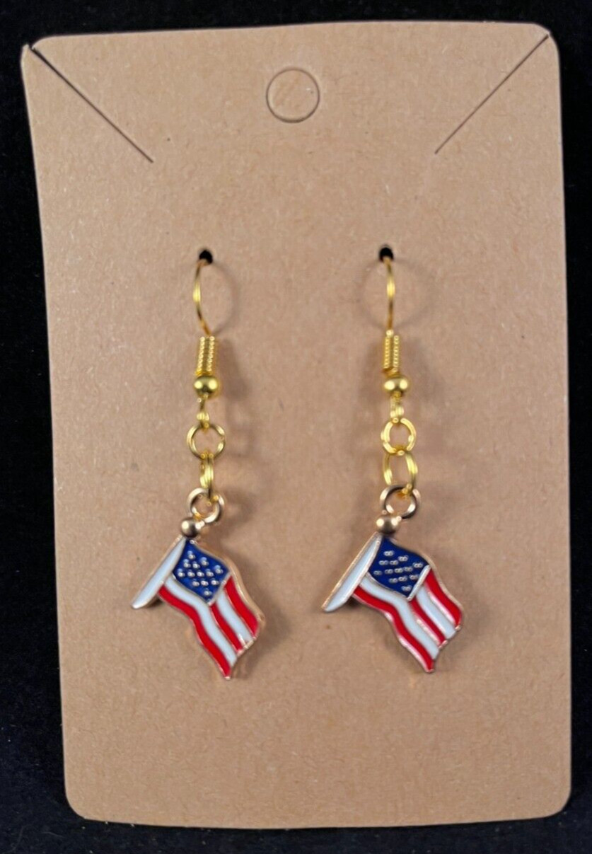 USA Flag Earrings – Gold Hooks – Dangle – Patriotic – Handmade