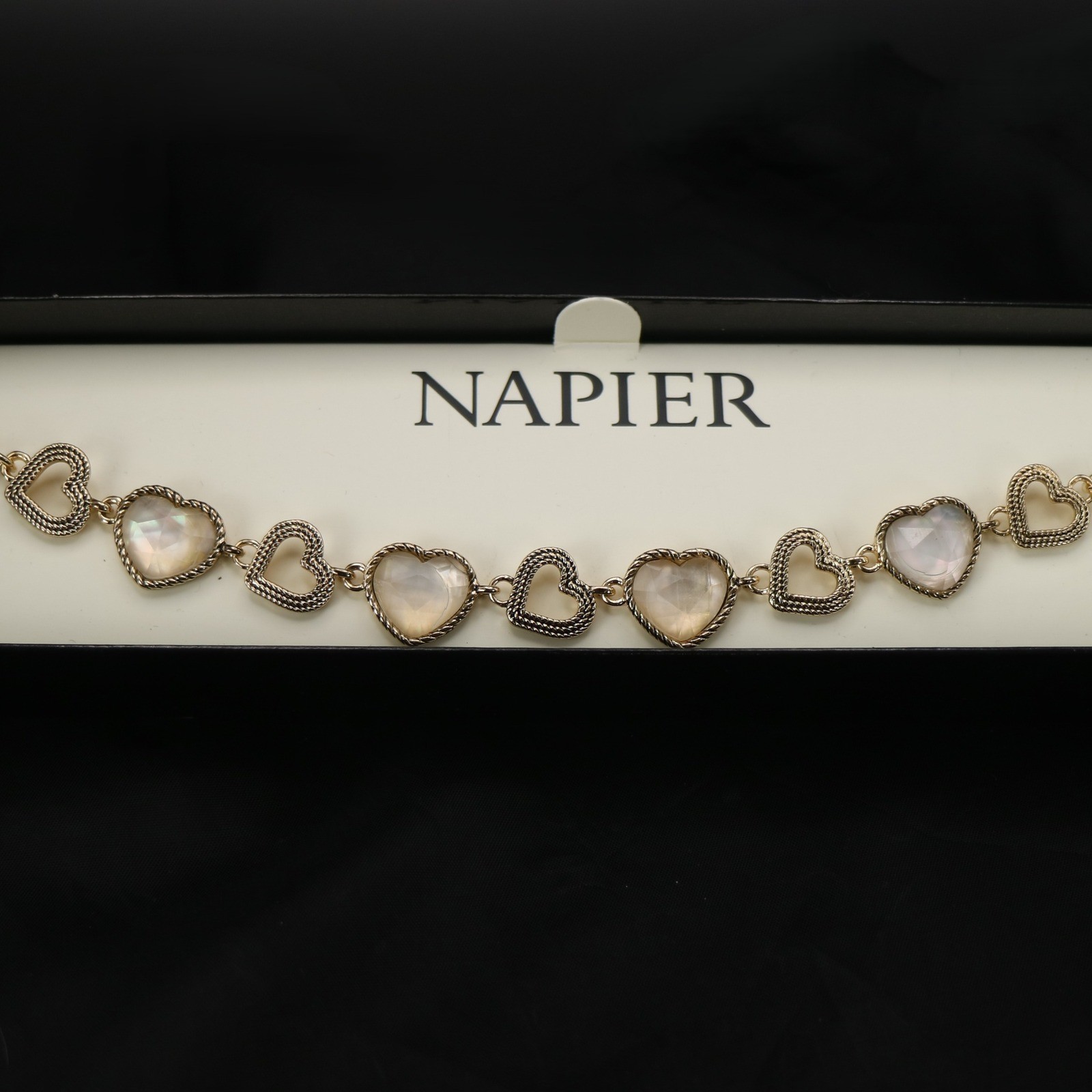 Napier Gold Tone Heart Link Bracelet Iridescent Faceted Stones NIB