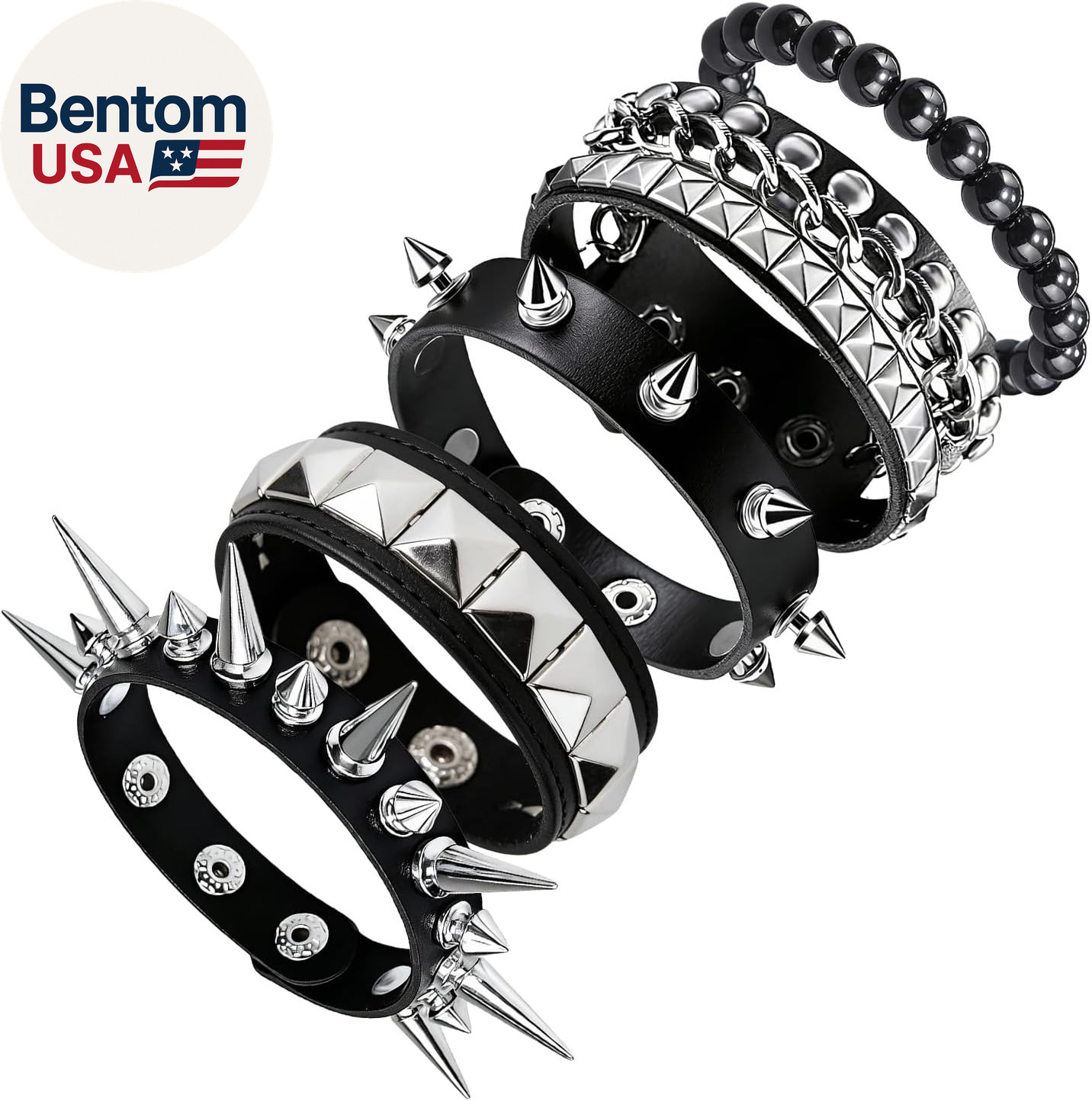 5 Pcs Spiked Bracelets Black Studded Cuff Punk Jewelry, Adjustable Gothic Emo Al
