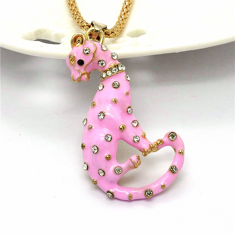 Pink Enamel Crystal Leopard Cute Pendant Fashion Women Sweater Chain Necklace