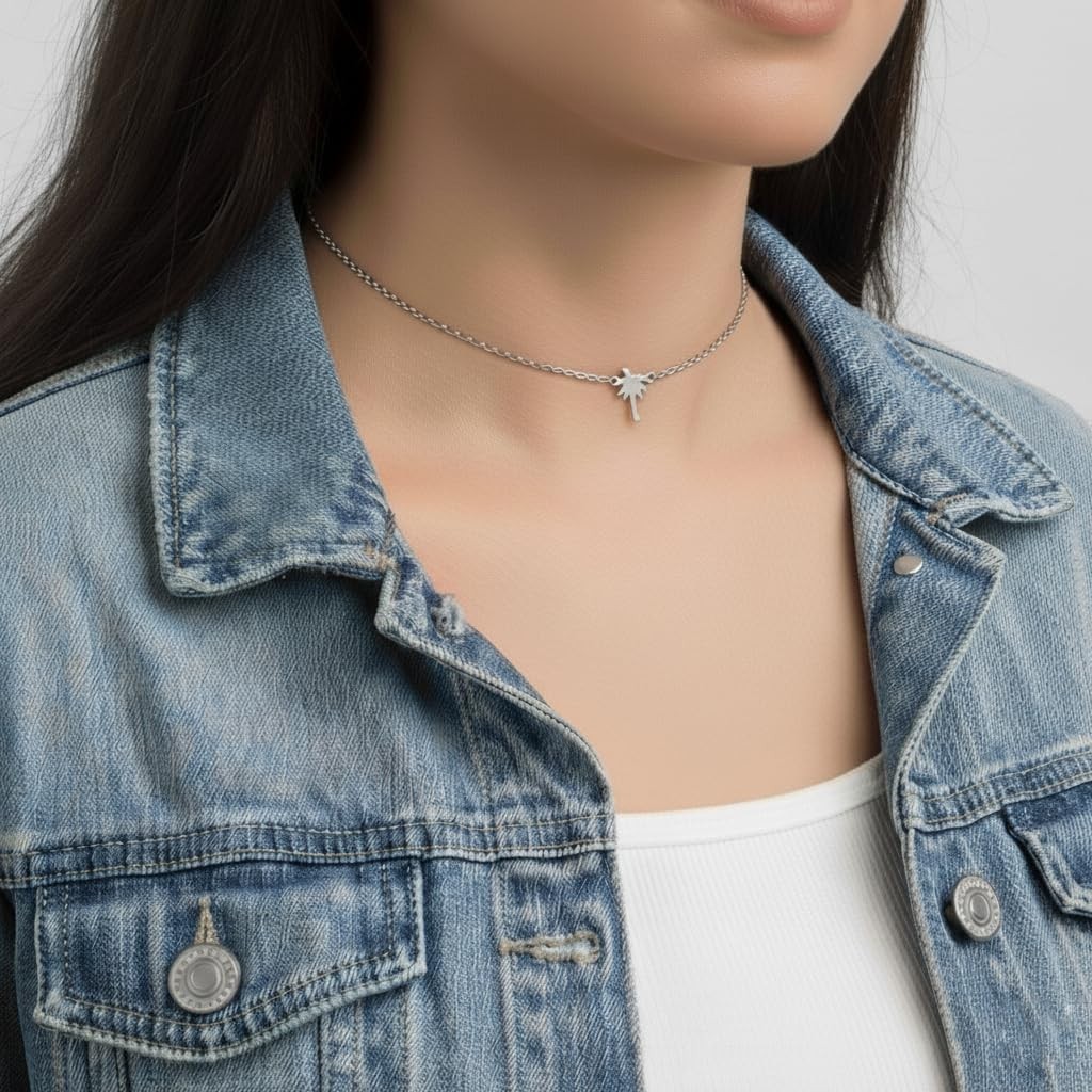Stainless Steel Palm Tree Dainty Choker, Handmade Adjustable Layering Necklace