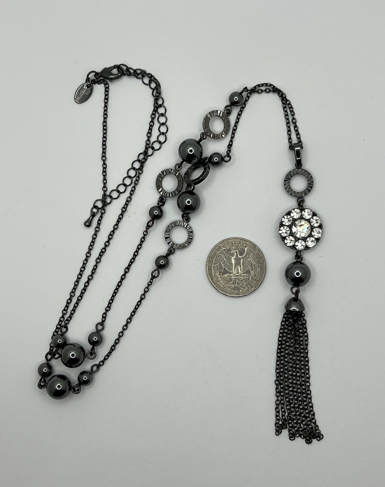 Lia Sophia 27 Inch Long Gunmetal Tone Necklace, Hematite Tone Beads & CZ EUC