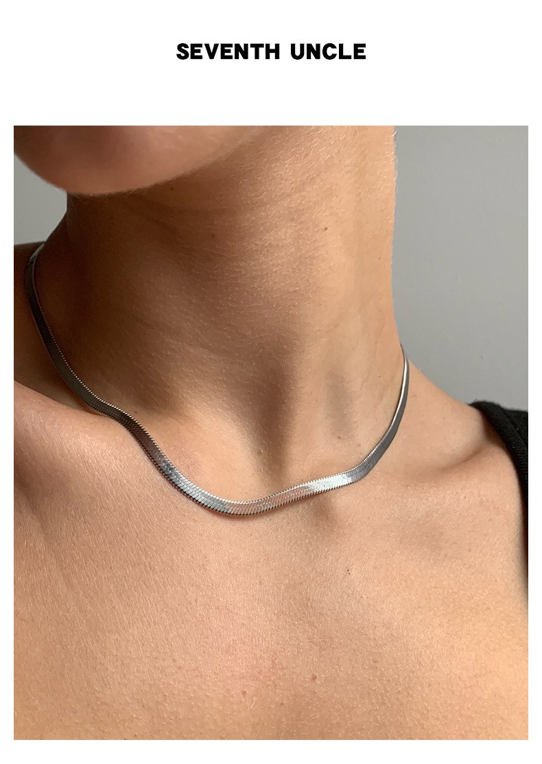 Flat Snake Chain Necklace Silver Titanium Thin Minimalist unisex Layering Choker