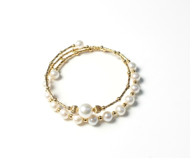 Double Layer Freshwater Pearl Bracelet 6mm 8mm Gold Plated Adjustable Elegant