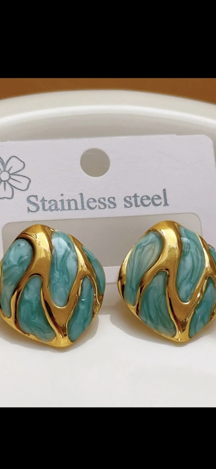 Gold & Blue Swirl Round Stud Earrings Stainless Steel Butterfly Closure