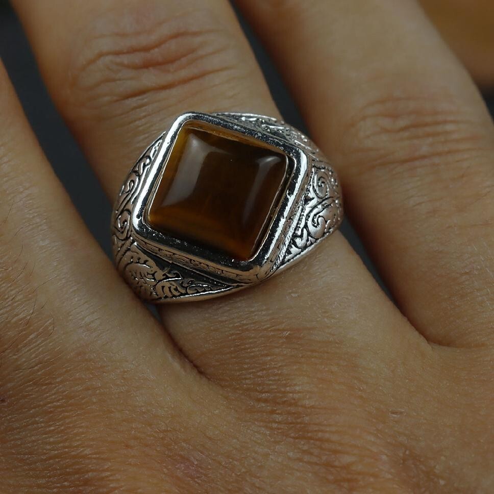 Mens Stainless Steel Silver Natural Tiger Eye Stone Ring Size 7-15 R34