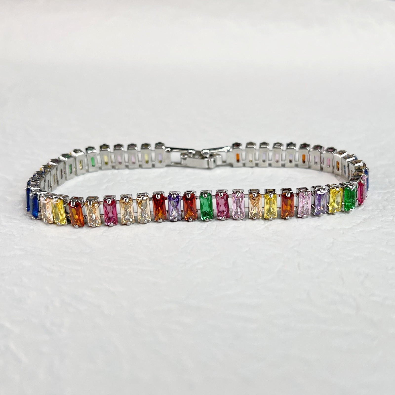 New Rectangle Shape Rainbow Multi Color Gems Charm Women Silver Bracelets 7.4”