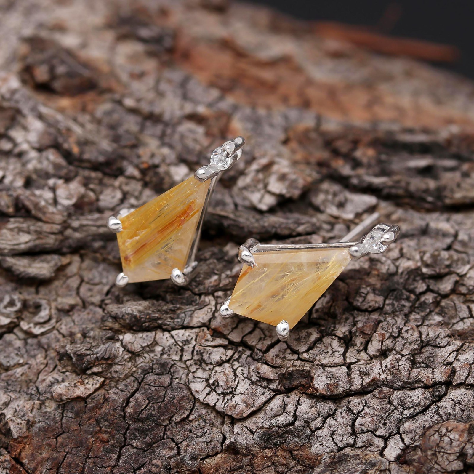 Natural Golden Rutile Quartz Stud Earrings 925Sterling Silver Minimalist Jewelry