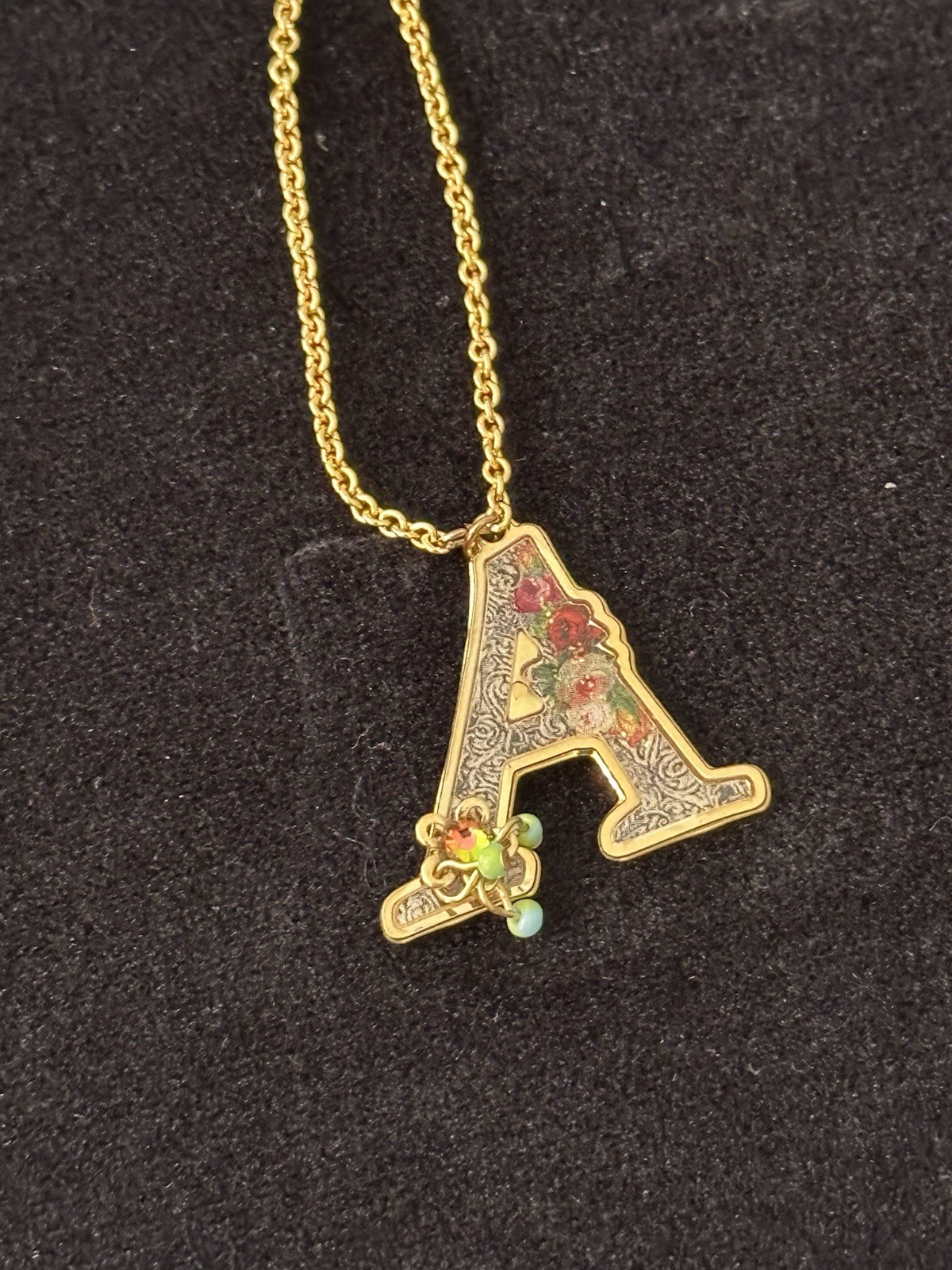 Michal Negrin Gold Plated Letter A Floral Clear Crystal Signed Necklace
