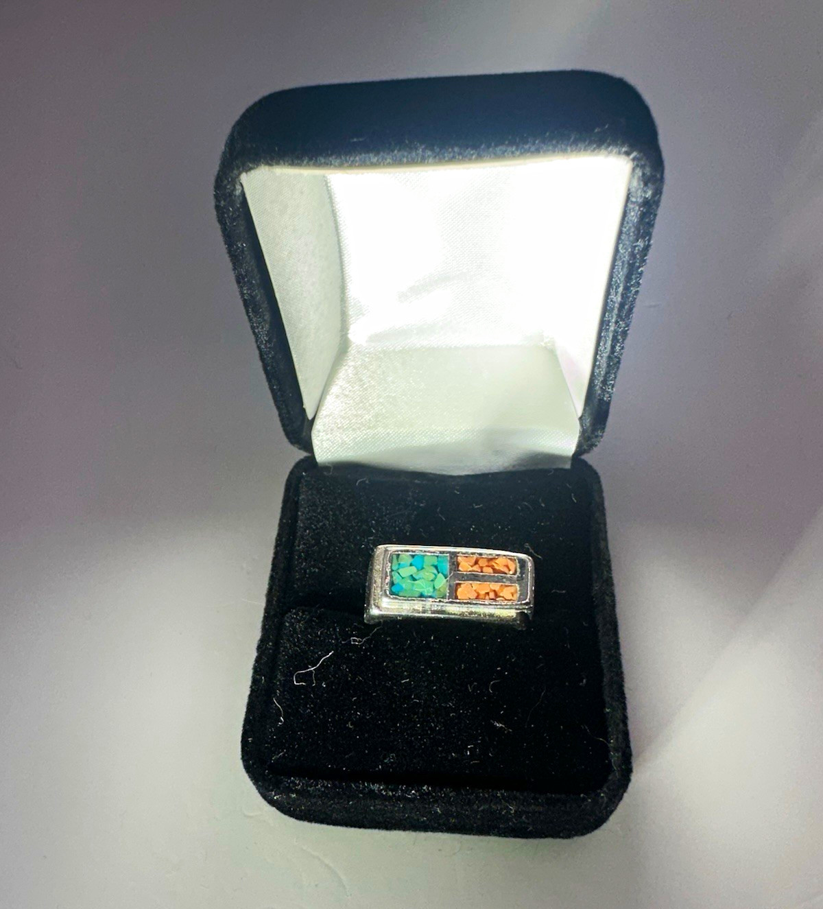 Russian “82” silver ring with coral and turquoise inlay. Size 8