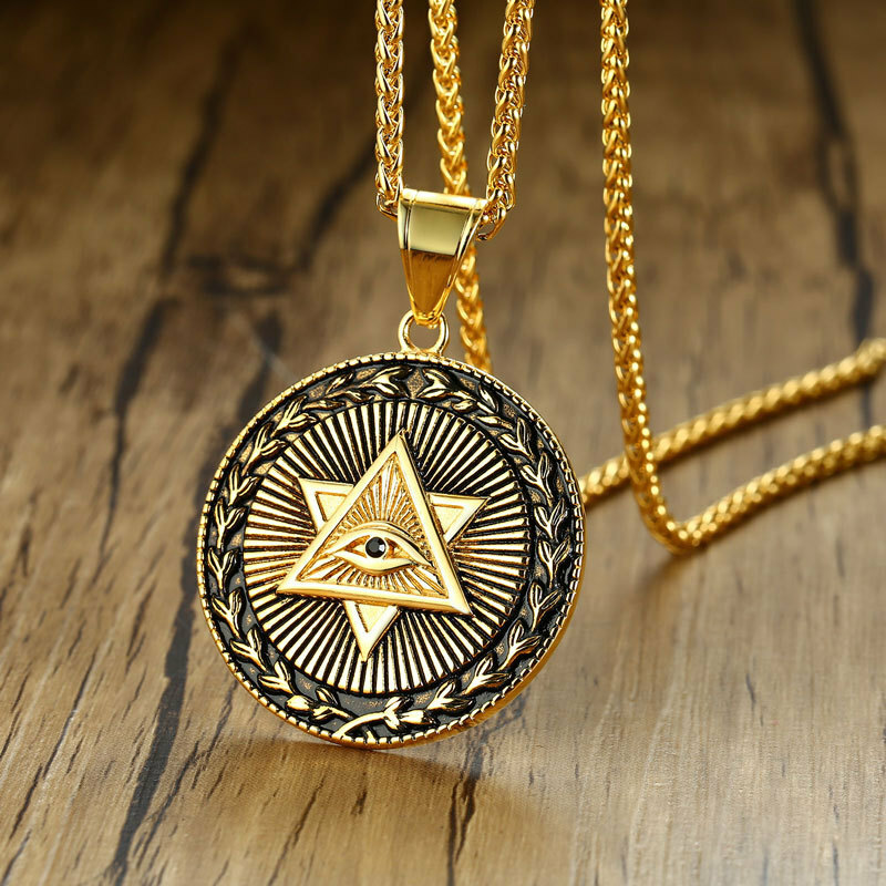 Gold Pyramid All Seeing Eye Pendant Necklace Punk Biker Jewelry Men Unisex 24″