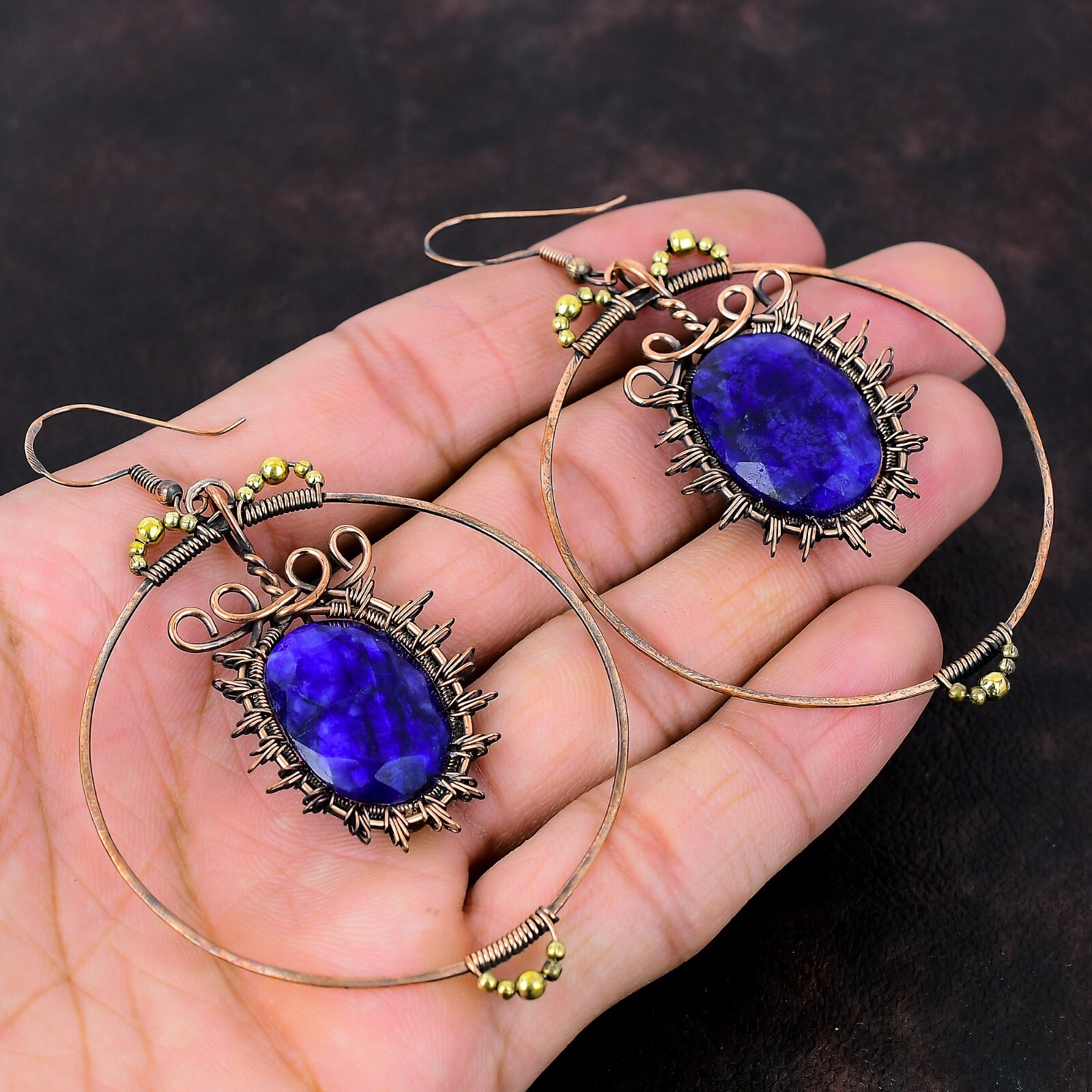 Blue Saphire Copper Gift For Bridesmaid Wire Wrapped Drop/Dangle Earrings 3.43″