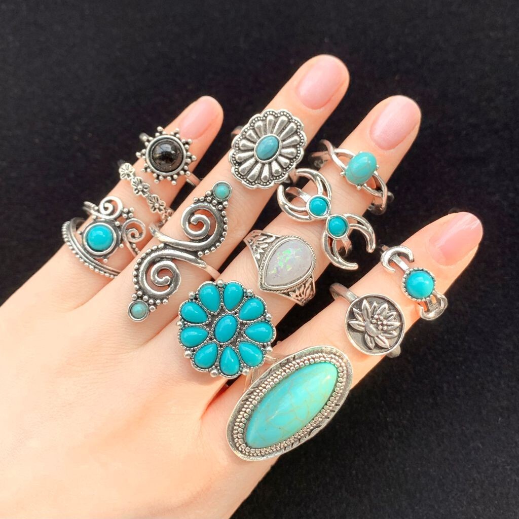 50pcs/lot Mix Bohemia Turquoise Vintage Rings Women Ethnic Silver Plated Jewelry